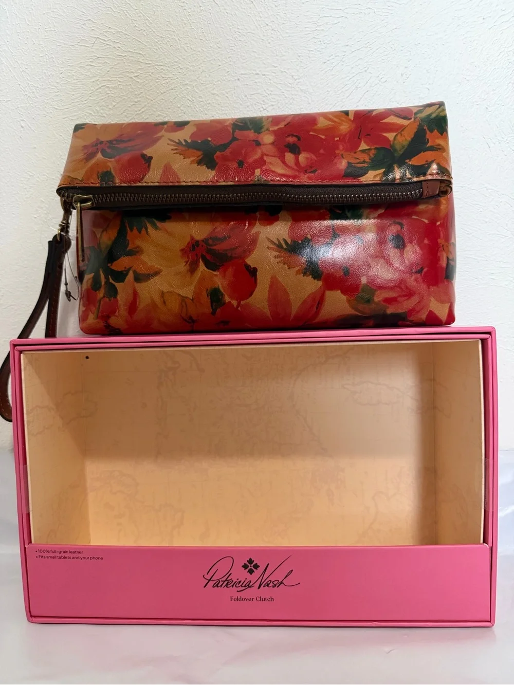 Patricia Nash Orange and Brown Floral Foldover Wristlet Clutch